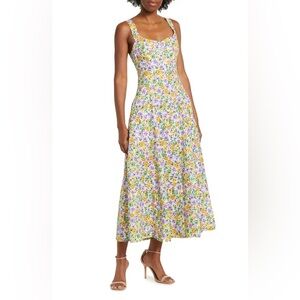 NICHOLAS Kiki Floral Sweetheart Neck Sleeveless Midi Dress in Purple and Yellow